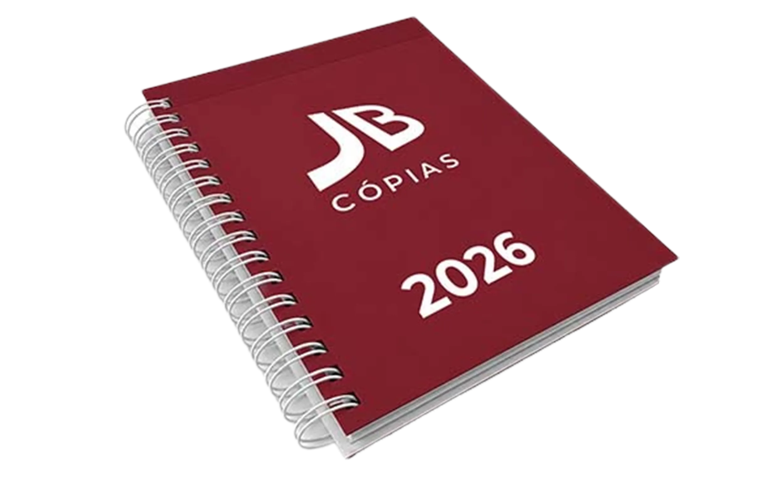 Agenda personalizada com encadernação em espiral e capa vinho impressa com a marca JB Cópias